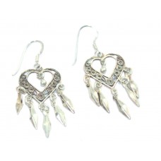 Heart Earrings Silver 925 Sterling Dangle Drop Women Traditional Handmade B645